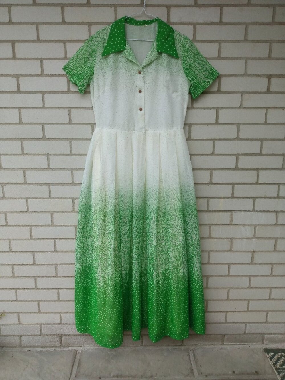 Vintage 70s Dress Green White Shirtdress Tall Maxi Long Hostess Boho Retro Party